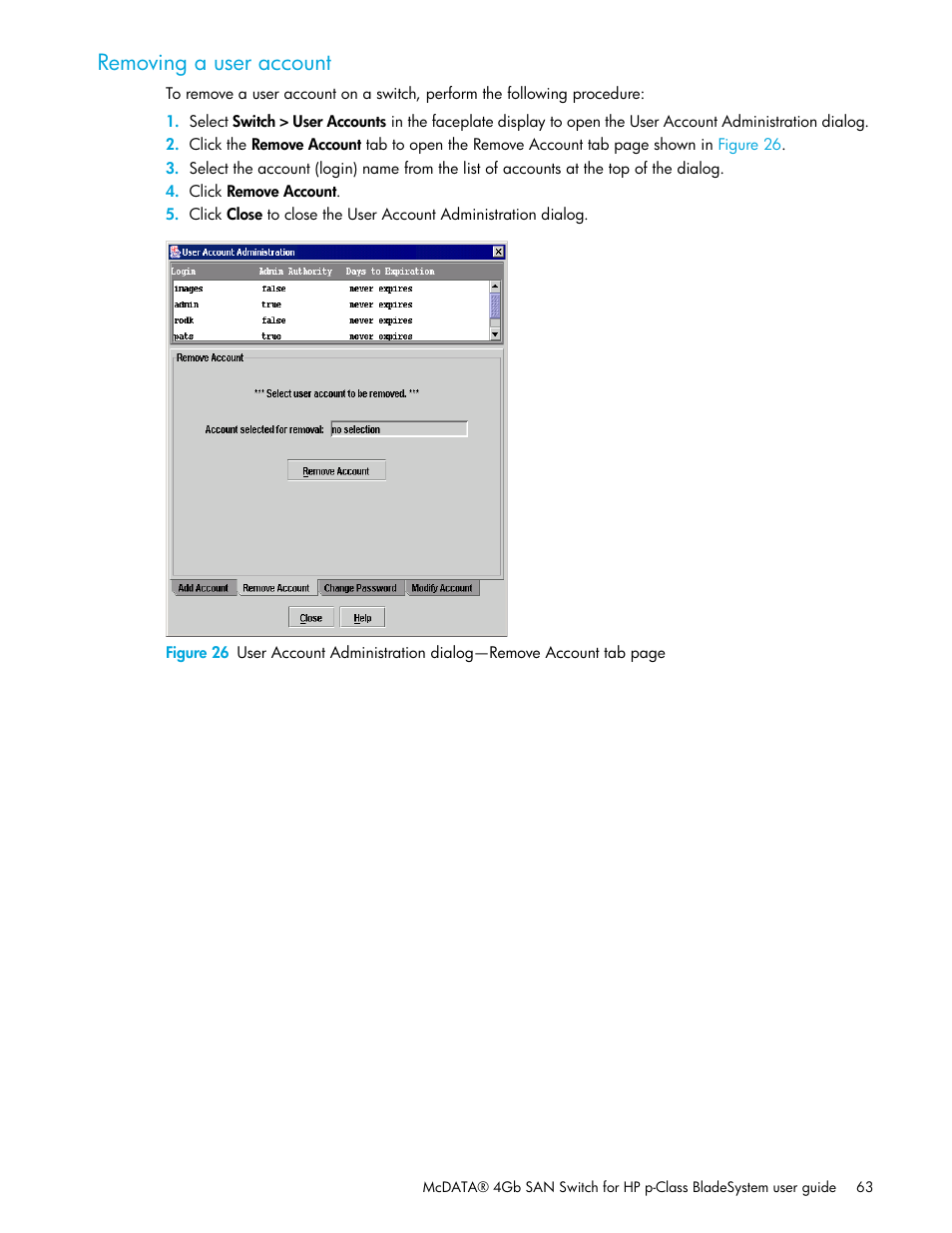 Removing a user account | HP M-series HA-Fabric Manager Software User Manual | Page 63 / 226