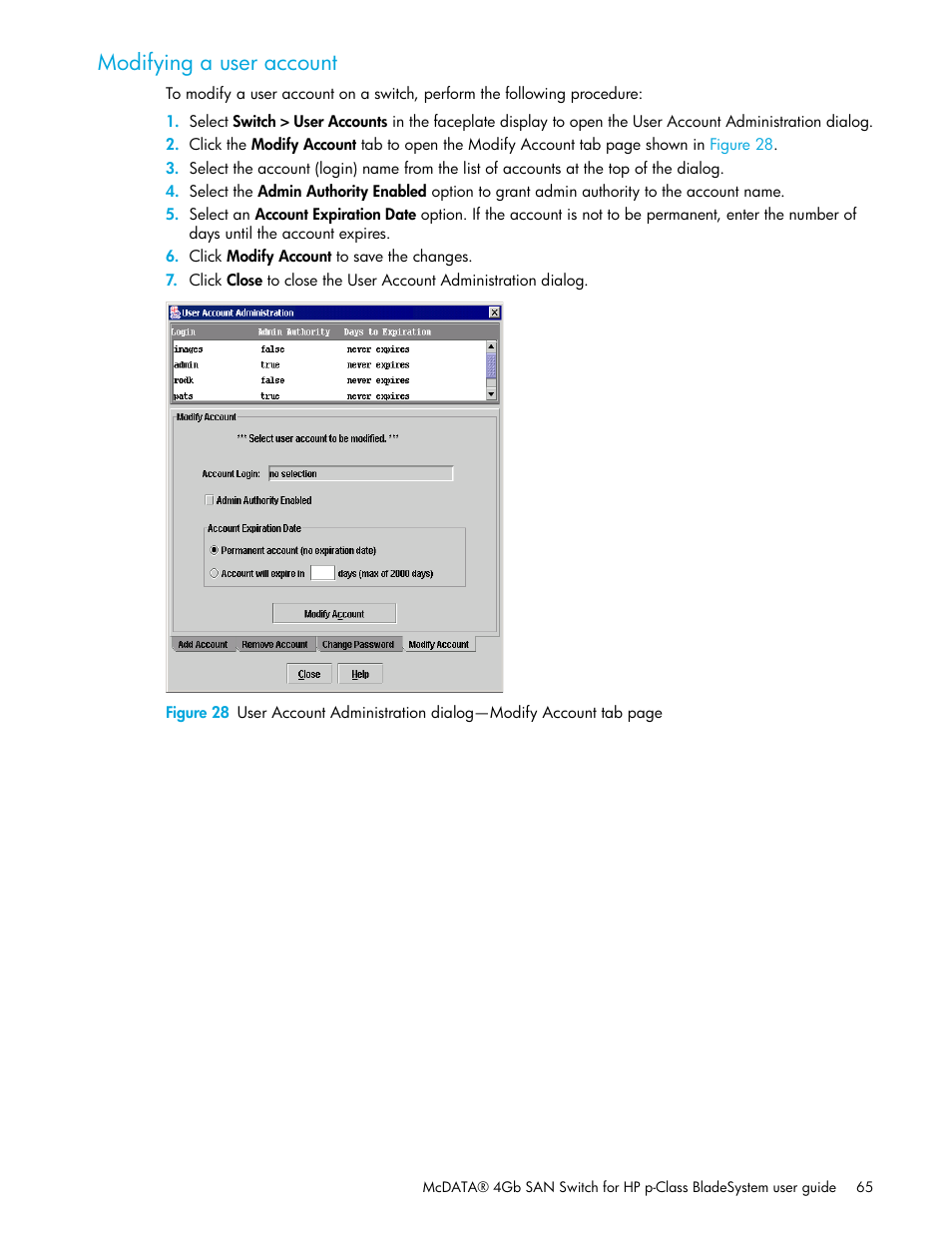 Modifying a user account | HP M-series HA-Fabric Manager Software User Manual | Page 65 / 226