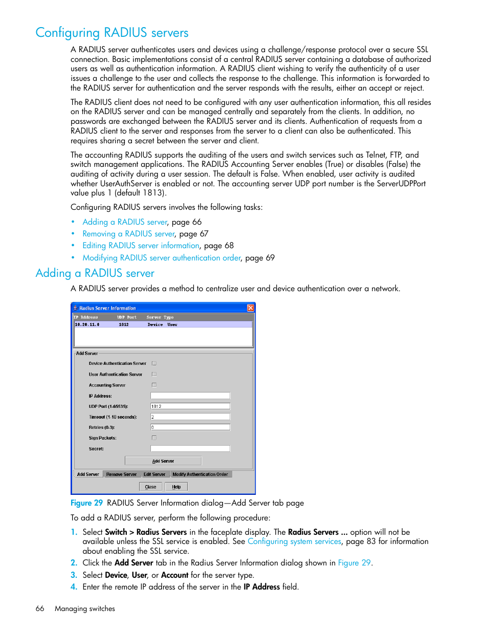 Configuring radius servers, Adding a radius server | HP M-series HA-Fabric Manager Software User Manual | Page 66 / 226