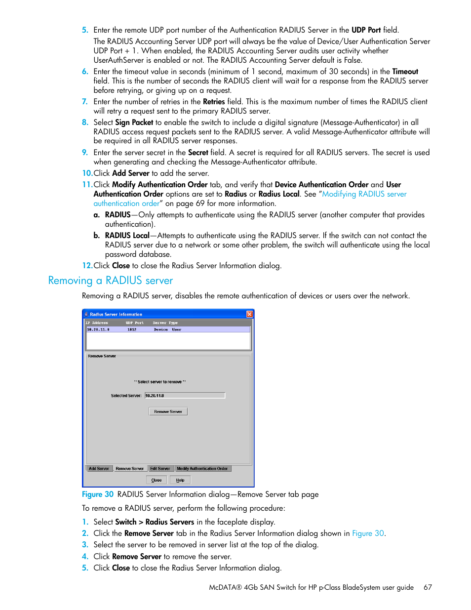 Removing a radius server | HP M-series HA-Fabric Manager Software User Manual | Page 67 / 226