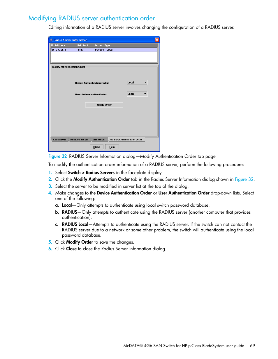 Modifying radius server authentication order, Modifying radius server, Authentication order | HP M-series HA-Fabric Manager Software User Manual | Page 69 / 226