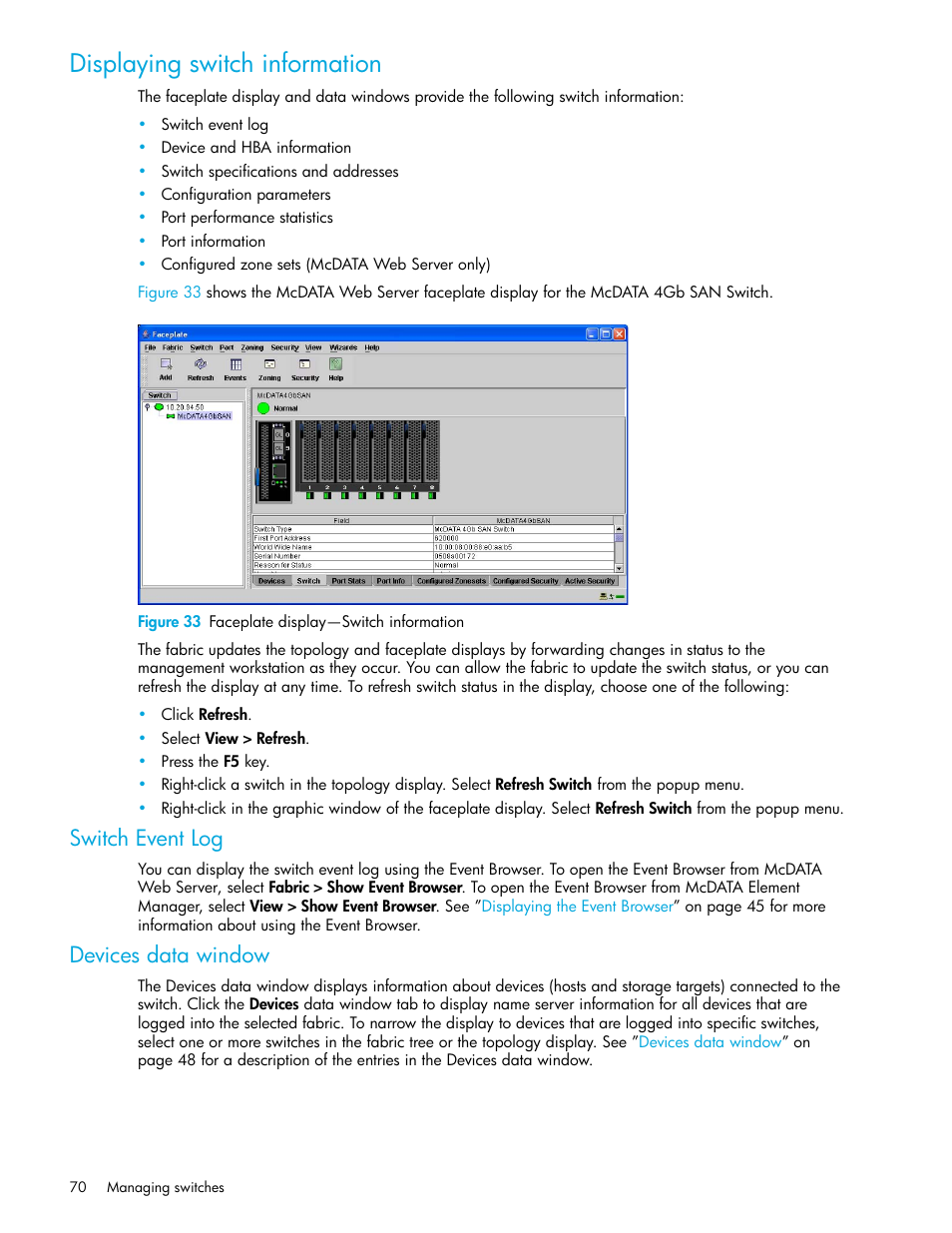 Displaying switch information, Figure 33 faceplate display-switch information, Switch event log | Devices data window, Switch event log devices data window, 33 faceplate display—switch information | HP M-series HA-Fabric Manager Software User Manual | Page 70 / 226