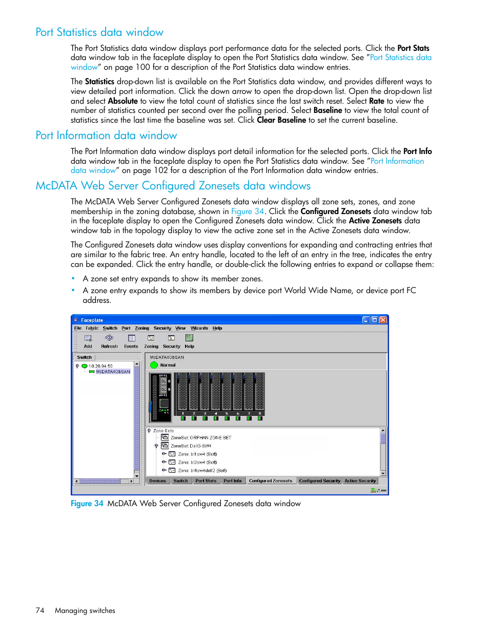 Port statistics data window, Port information data window, Mcdata web server configured zonesets data windows | HP M-series HA-Fabric Manager Software User Manual | Page 74 / 226