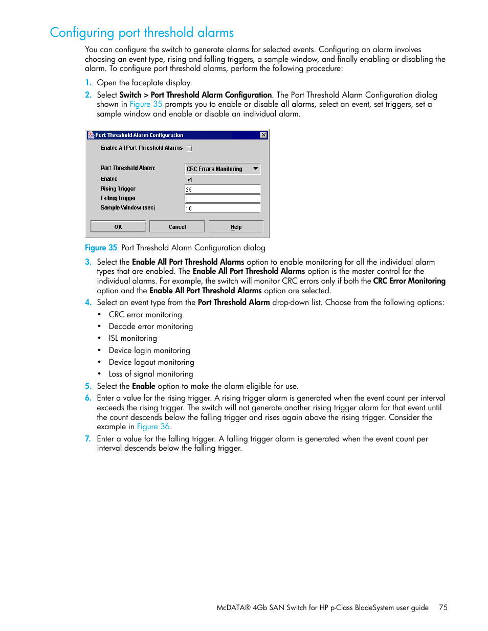 Configuring port threshold alarms, 35 port threshold alarm configuration dialog | HP M-series HA-Fabric Manager Software User Manual | Page 75 / 226