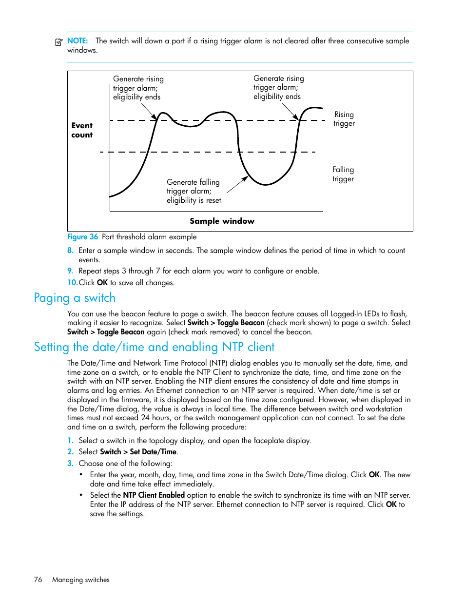 Figure 36 port threshold alarm example, Paging a switch, Setting the date/time and enabling ntp client | 36 port threshold alarm example, Figure 36 | HP M-series HA-Fabric Manager Software User Manual | Page 76 / 226