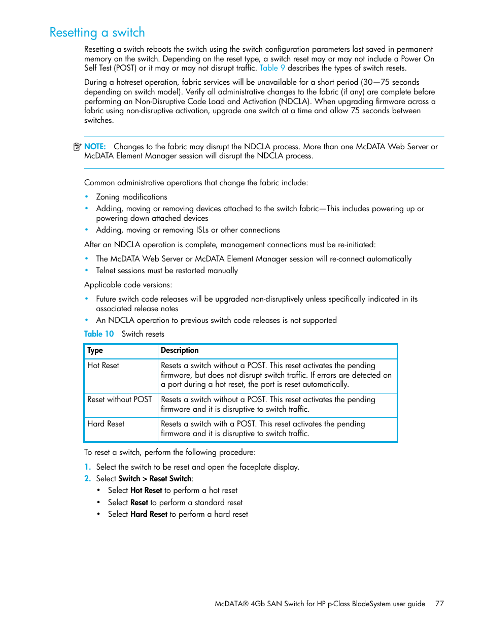 Resetting a switch, Table 10 switch resets, 10 switch resets | Resetting a, Switch | HP M-series HA-Fabric Manager Software User Manual | Page 77 / 226