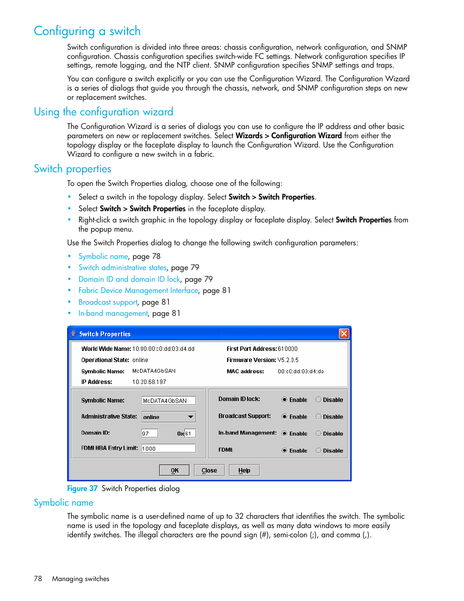 Configuring a switch, Using the configuration wizard, Switch properties | Figure 37 switch properties dialog, Symbolic name, Using the configuration wizard switch properties, 37 switch properties dialog | HP M-series HA-Fabric Manager Software User Manual | Page 78 / 226