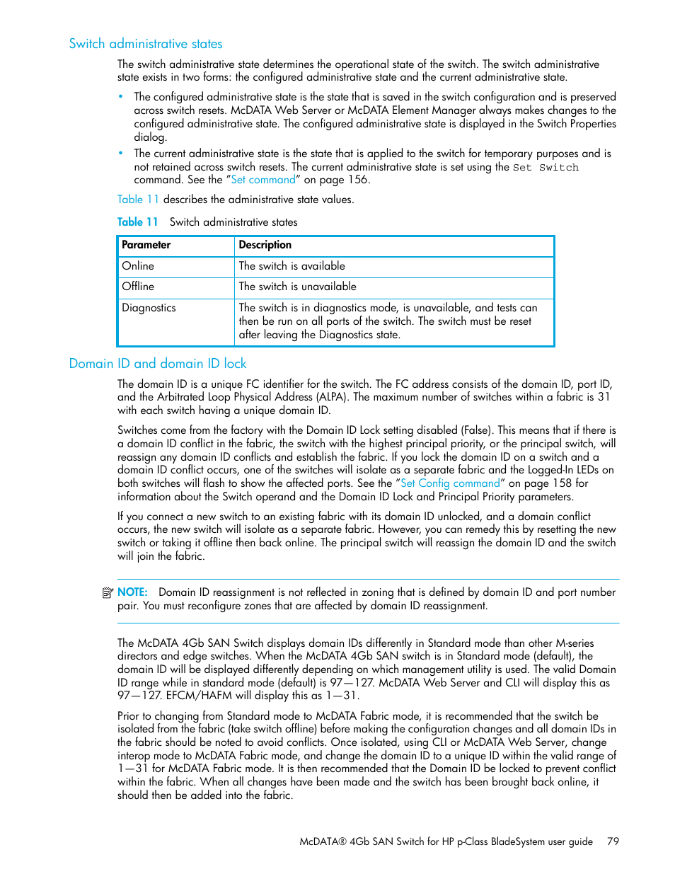 Switch administrative states, Table 11 switch administrative states, Domain id and domain id lock | 11 switch administrative states | HP M-series HA-Fabric Manager Software User Manual | Page 79 / 226