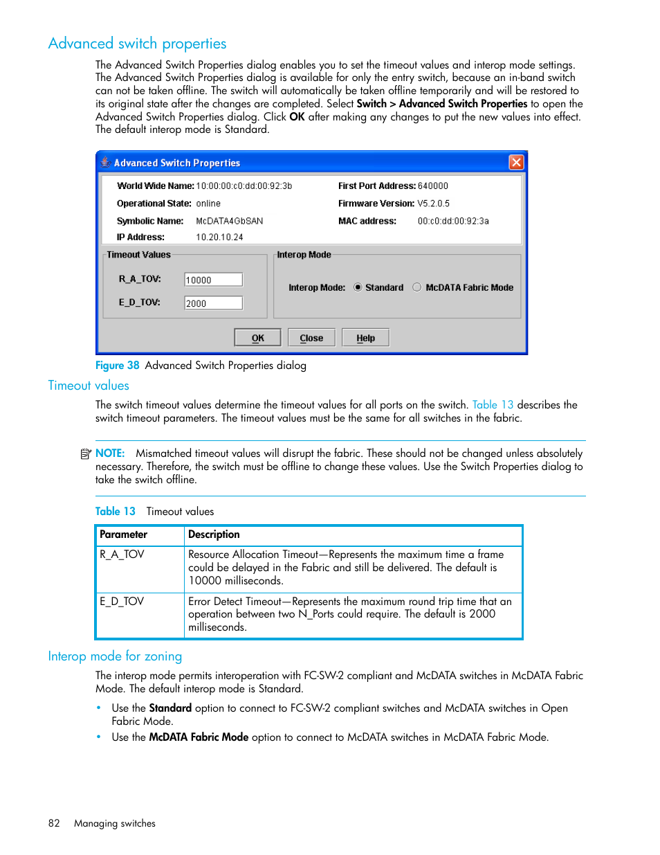 Advanced switch properties, Figure 38 advanced switch properties dialog, Timeout values | Table 13 timeout values, Interop mode for zoning, Timeout values interop mode for zoning, 38 advanced switch properties dialog, 13 timeout values | HP M-series HA-Fabric Manager Software User Manual | Page 82 / 226