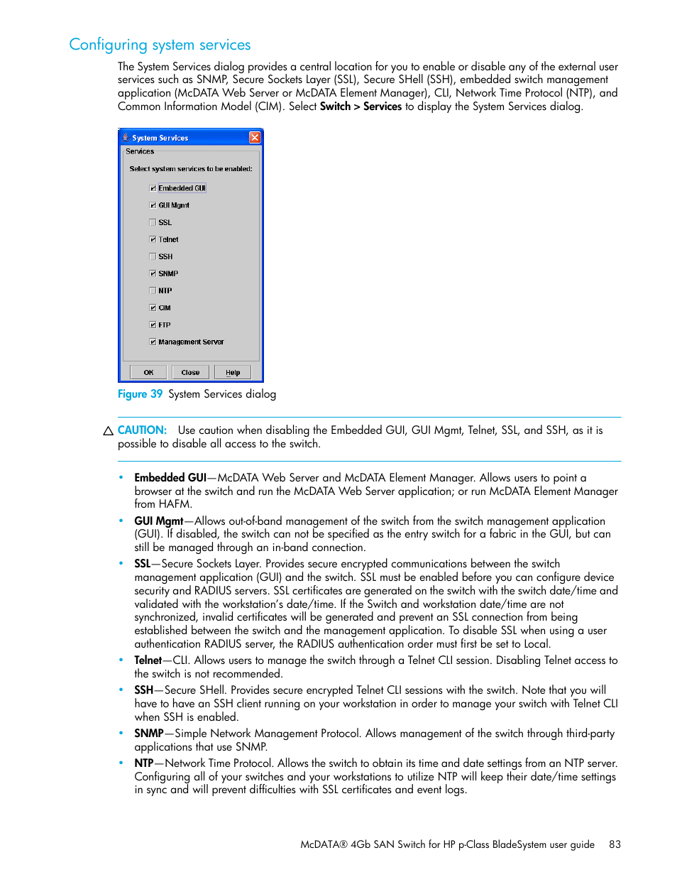 Configuring system services, Figure 39 system services dialog, 39 system services dialog | HP M-series HA-Fabric Manager Software User Manual | Page 83 / 226