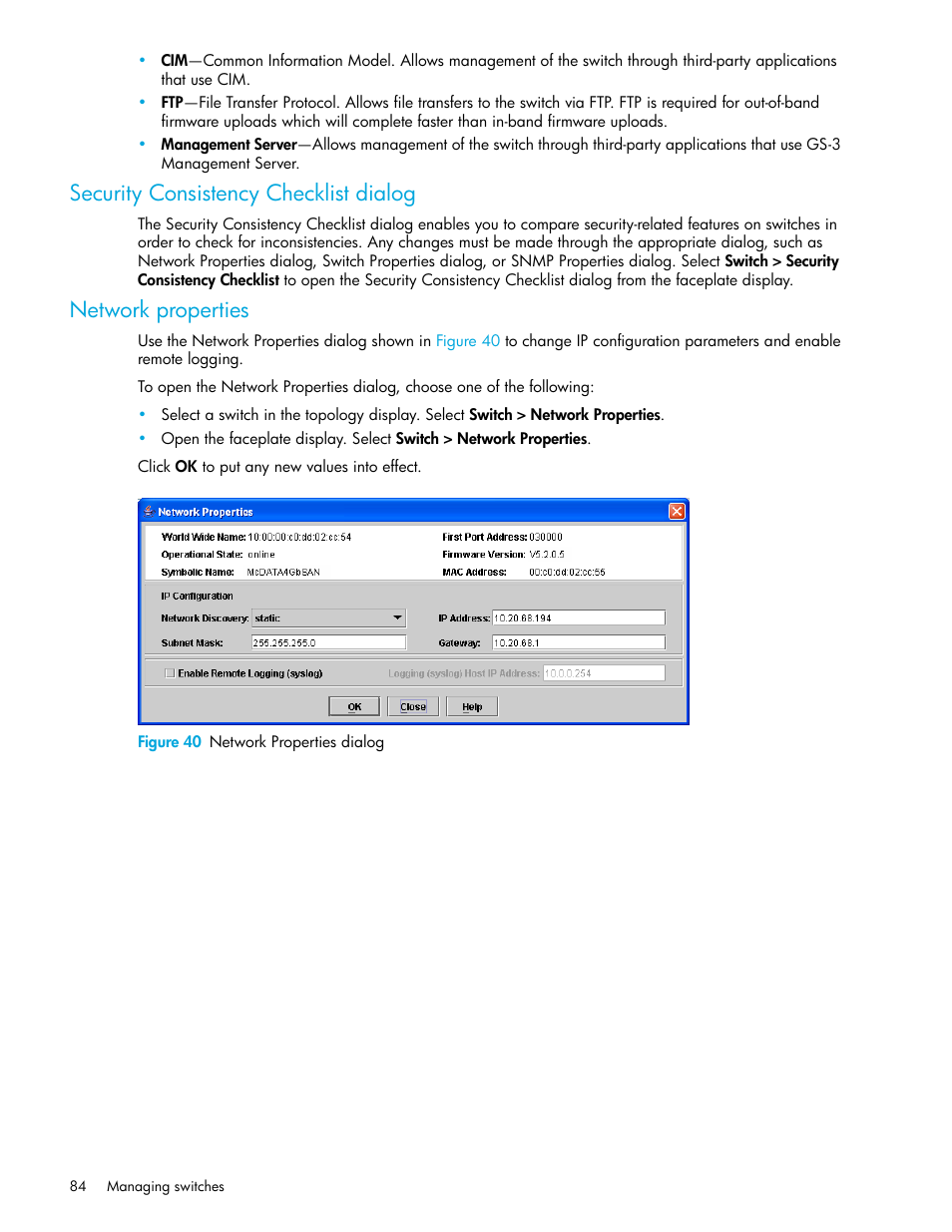 Security consistency checklist dialog, Network properties, Figure 40 network properties dialog | 40 network properties dialog | HP M-series HA-Fabric Manager Software User Manual | Page 84 / 226