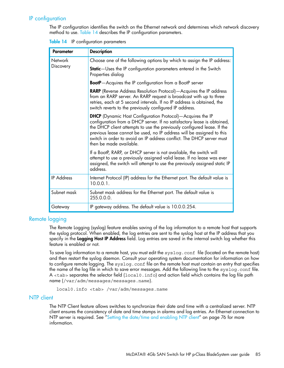 Ip configuration, Table 14 ip configuration parameters, Remote logging | Ntp client, Ip configuration remote logging ntp client, 14 ip configuration parameters | HP M-series HA-Fabric Manager Software User Manual | Page 85 / 226