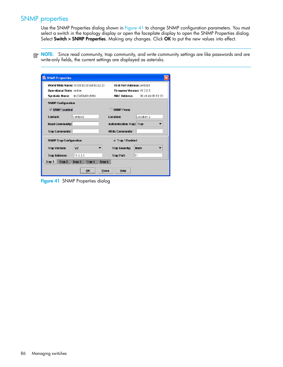 Snmp properties, Figure 41 snmp properties dialog, 41 snmp properties dialog | HP M-series HA-Fabric Manager Software User Manual | Page 86 / 226