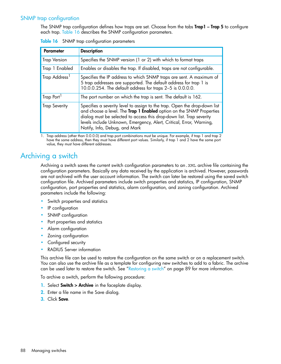 Snmp trap configuration, Table 16 snmp trap configuration parameters, Archiving a switch | 16 snmp trap configuration parameters, Archiving a, Switch | HP M-series HA-Fabric Manager Software User Manual | Page 88 / 226