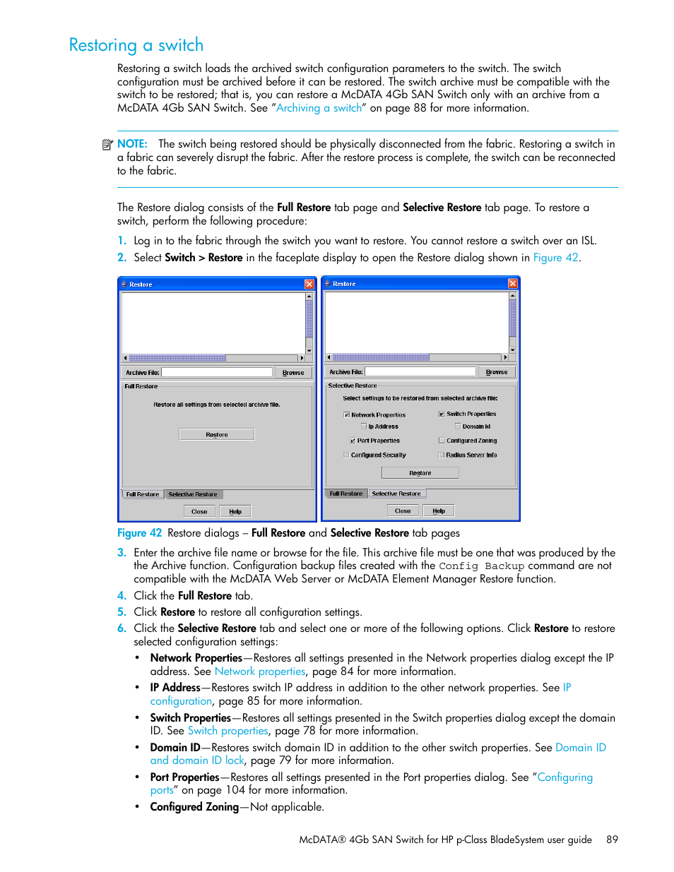 Restoring a switch, 42 restore dialogs | HP M-series HA-Fabric Manager Software User Manual | Page 89 / 226