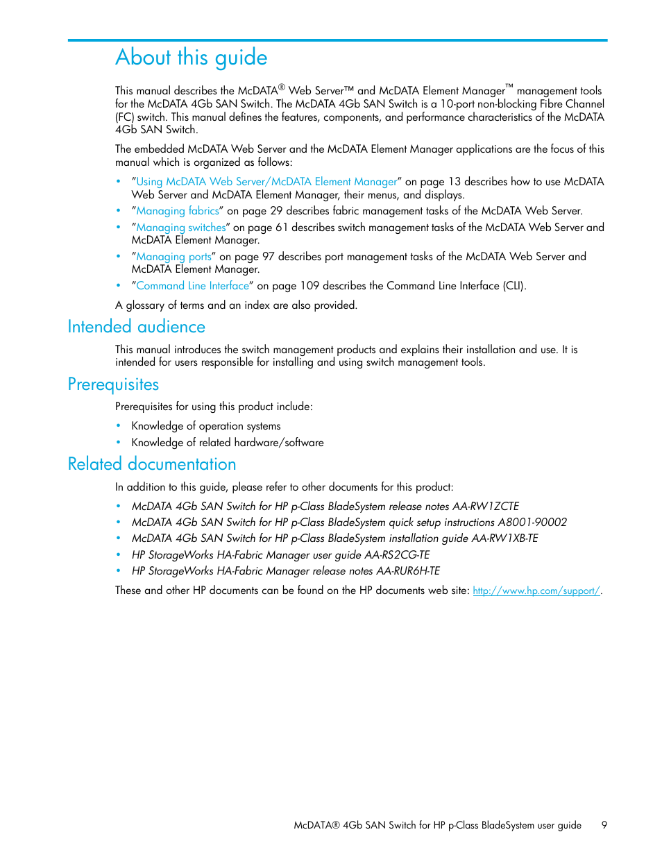 About this guide, Intended audience, Prerequisites | Related documentation | HP M-series HA-Fabric Manager Software User Manual | Page 9 / 226