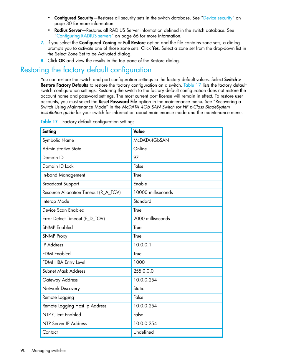 Restoring the factory default configuration, Table 17 factory default configuration settings, 17 factory default configuration settings | HP M-series HA-Fabric Manager Software User Manual | Page 90 / 226