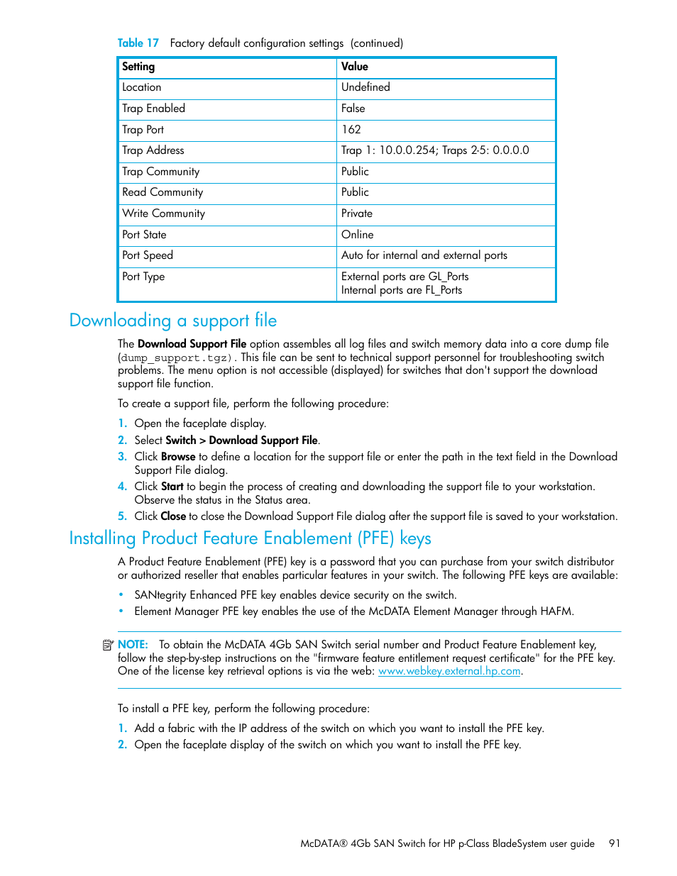 Downloading a support file, Installing product feature enablement (pfe) keys | HP M-series HA-Fabric Manager Software User Manual | Page 91 / 226