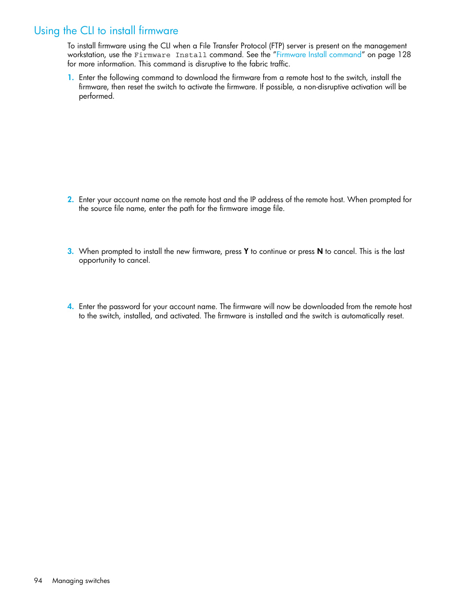 Using the cli to install firmware | HP M-series HA-Fabric Manager Software User Manual | Page 94 / 226