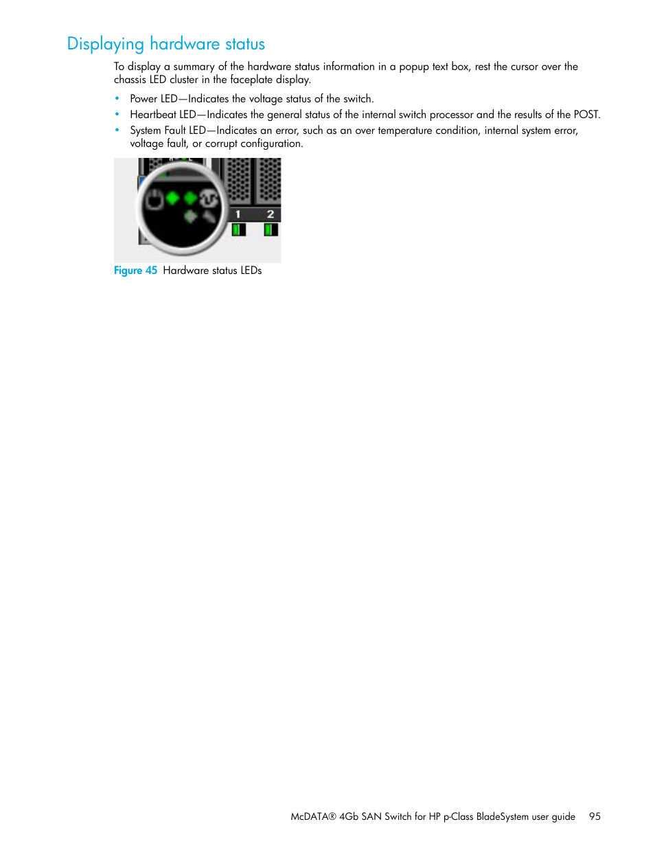 Displaying hardware status, Figure 45 hardware status leds, 45 hardware status leds | HP M-series HA-Fabric Manager Software User Manual | Page 95 / 226