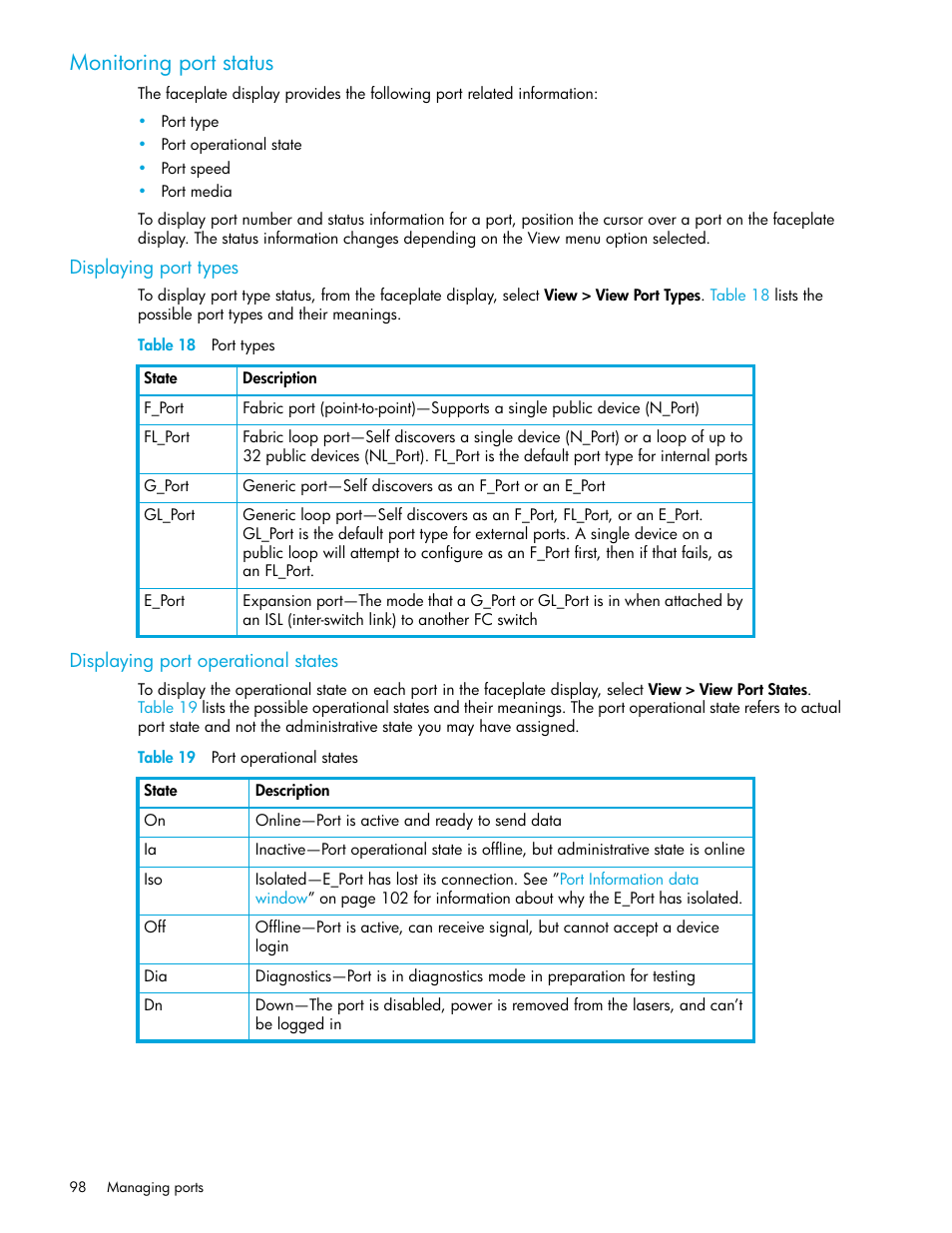 Monitoring port status, Displaying port types, Table 18 port types | Displaying port operational states, Table 19 port operational states, 18 port types 19 port operational states | HP M-series HA-Fabric Manager Software User Manual | Page 98 / 226