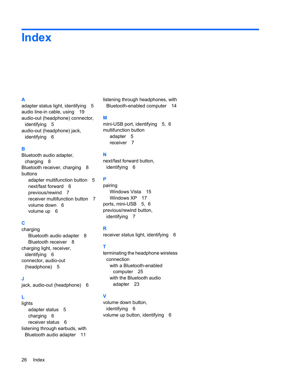 Index | HP Bluetooth Pendant Headphones User Manual | Page 30 / 31