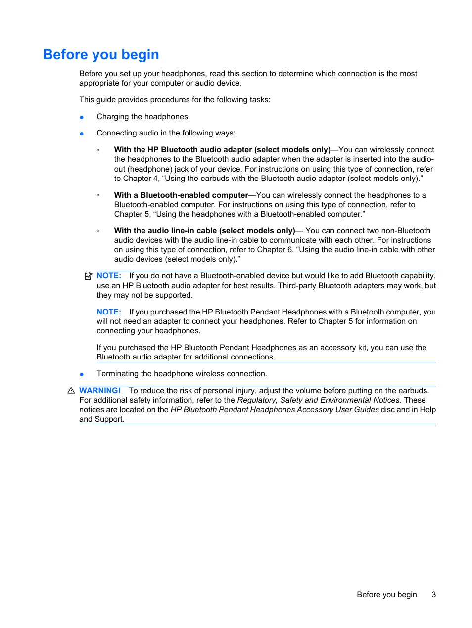 Before you begin | HP Bluetooth Pendant Headphones User Manual | Page 7 / 31