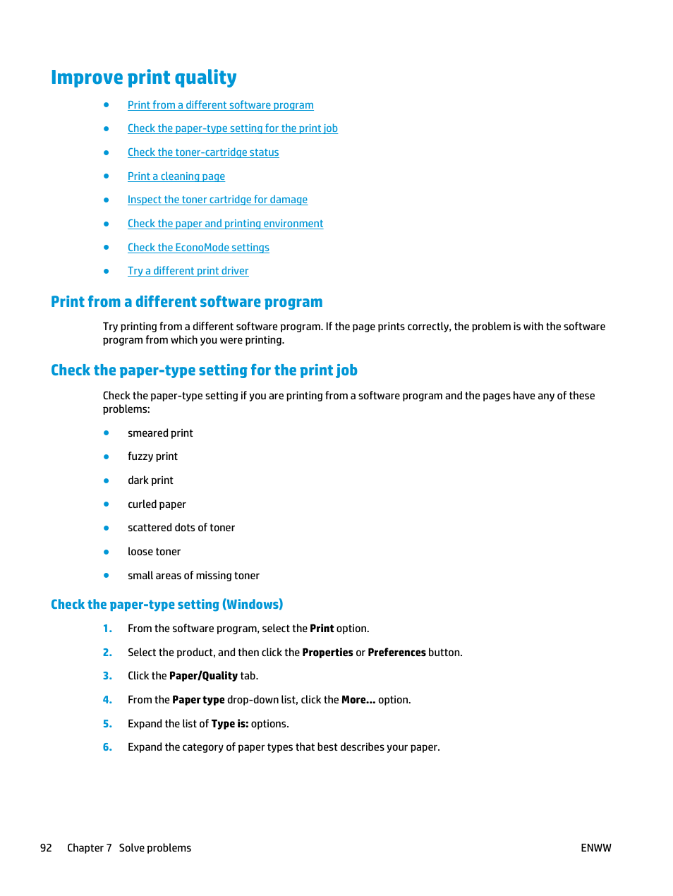 Improve print quality, Print from a different software program, Check the paper-type setting for the print job | Check the paper-type setting (windows) | HP LaserJet Pro M435 Multifunction Printer series User Manual | Page 100 / 120