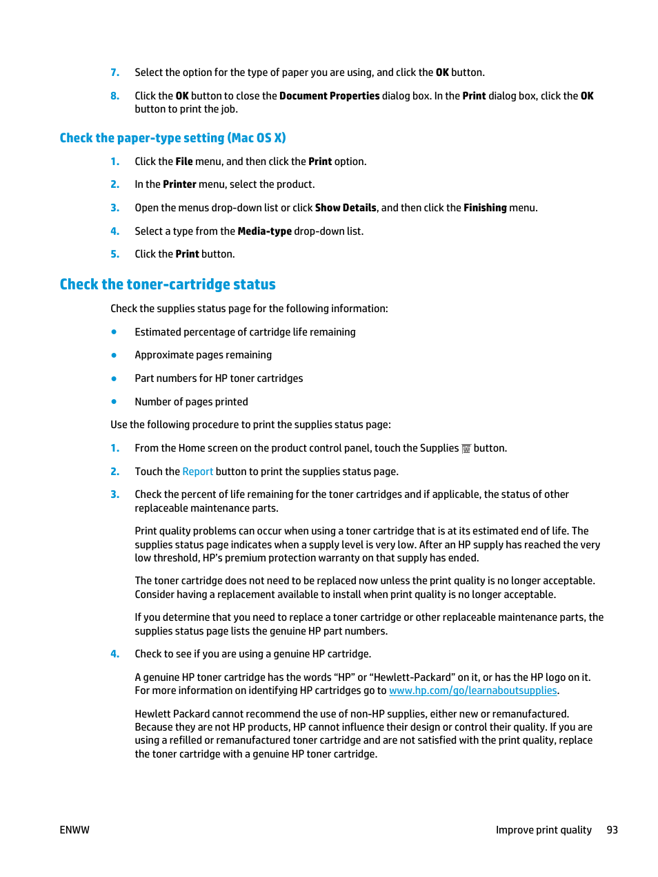 Check the paper-type setting (mac os x), Check the toner-cartridge status | HP LaserJet Pro M435 Multifunction Printer series User Manual | Page 101 / 120