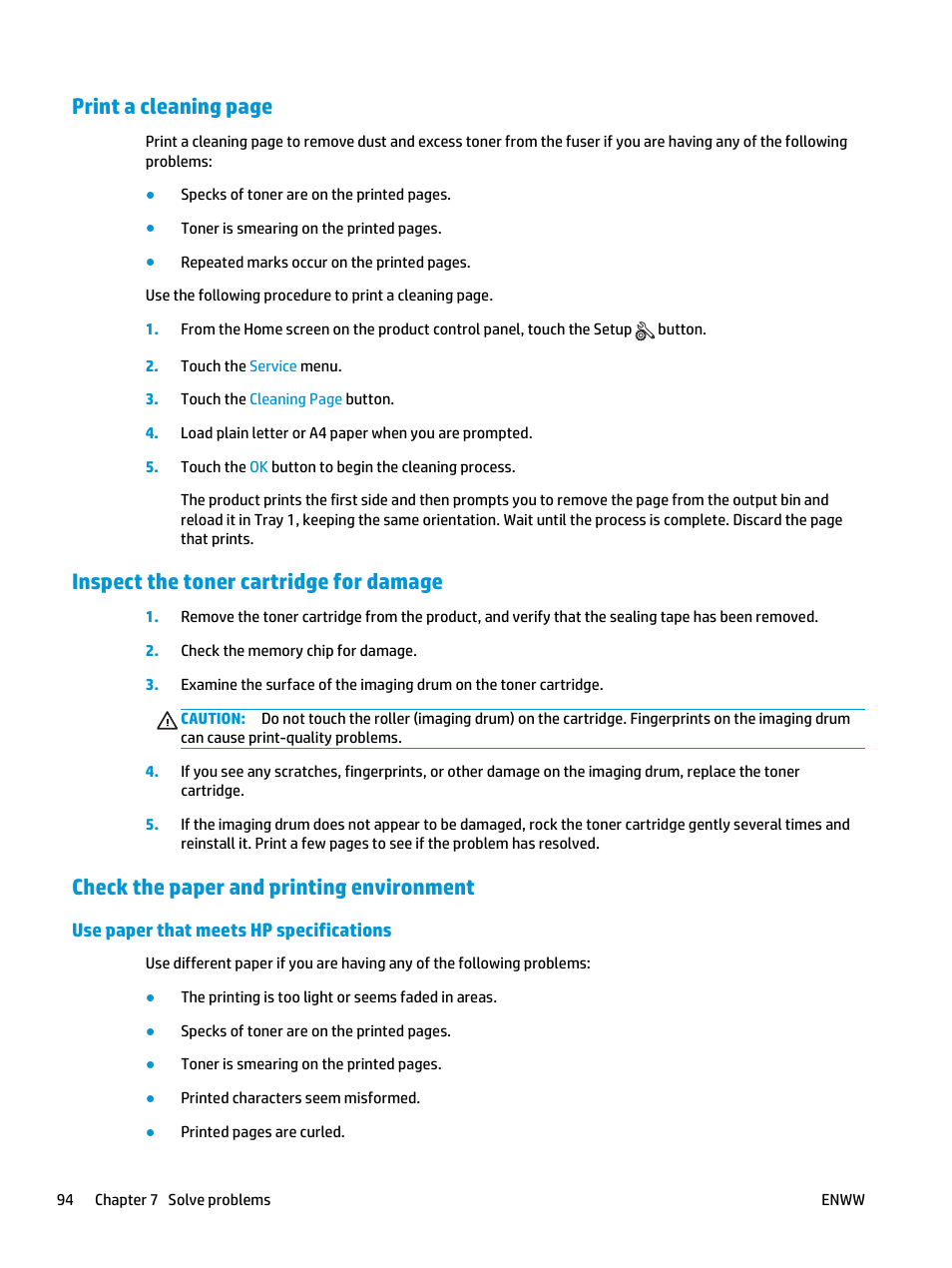 Inspect the toner cartridge for damage, Check the paper and printing environment, Use paper that meets hp specifications | Print a cleaning page | HP LaserJet Pro M435 Multifunction Printer series User Manual | Page 102 / 120