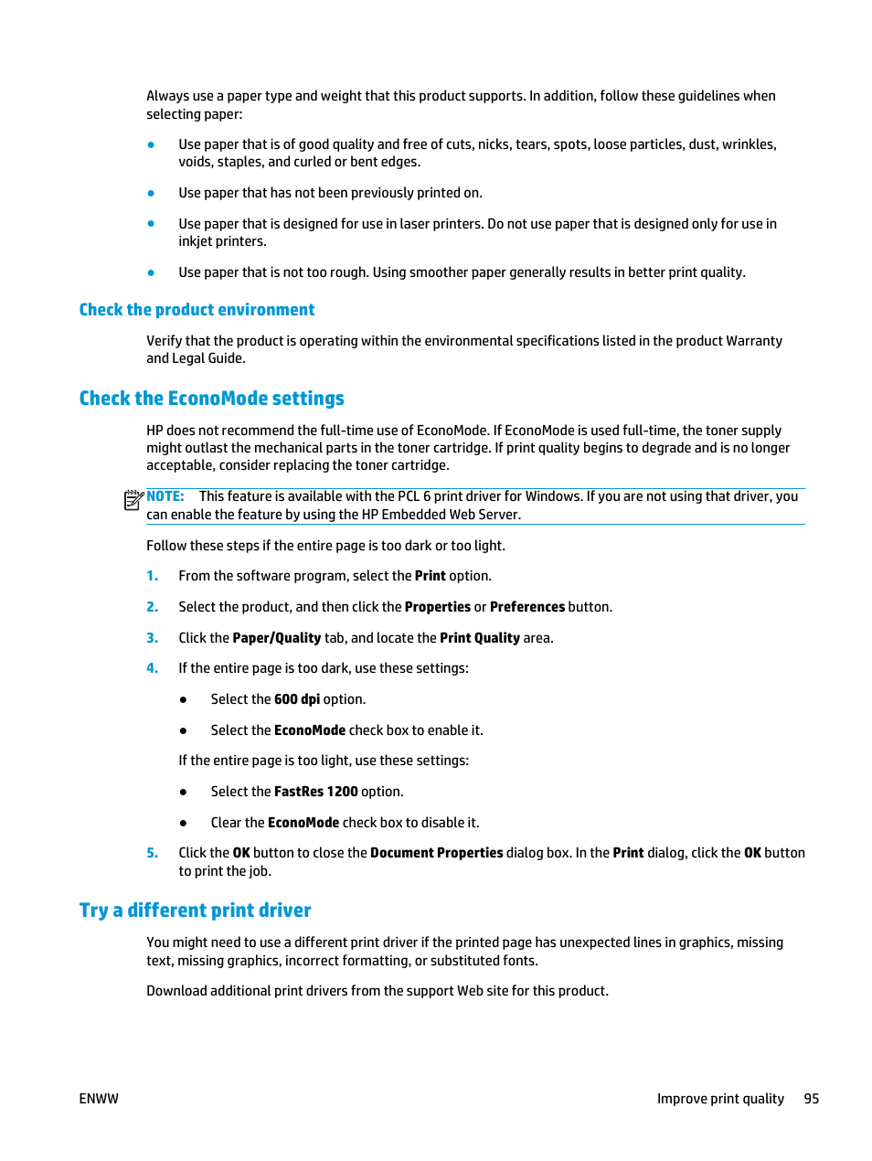 Check the product environment, Check the economode settings, Try a different print driver | HP LaserJet Pro M435 Multifunction Printer series User Manual | Page 103 / 120