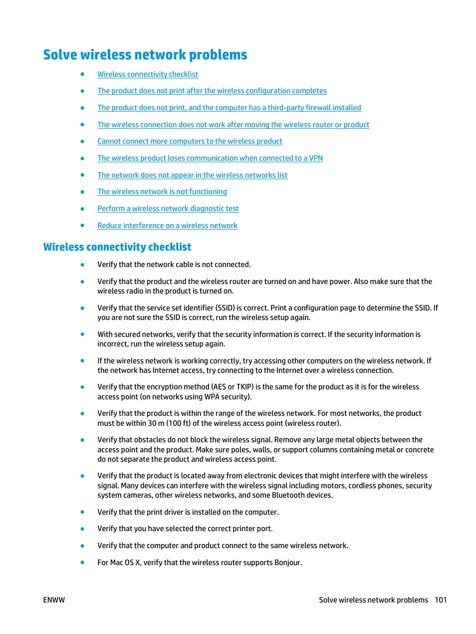 Solve wireless network problems, Wireless connectivity checklist | HP LaserJet Pro M435 Multifunction Printer series User Manual | Page 109 / 120