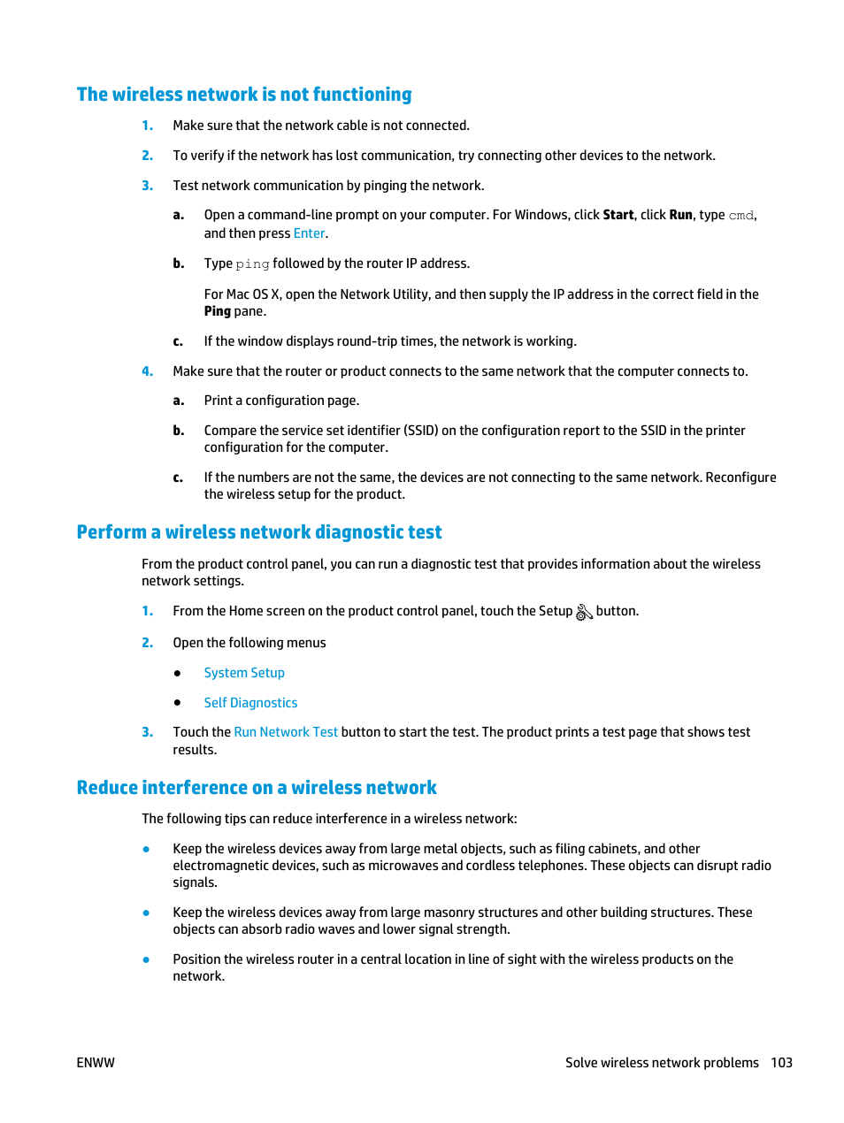 The wireless network is not functioning, Perform a wireless network diagnostic test, Reduce interference on a wireless network | HP LaserJet Pro M435 Multifunction Printer series User Manual | Page 111 / 120