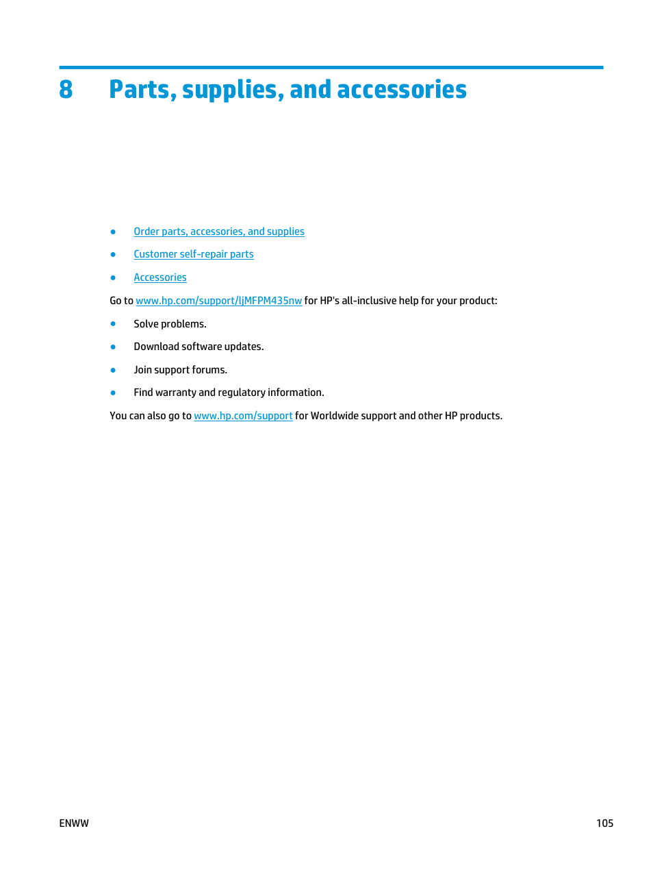 Parts, supplies, and accessories, 8 parts, supplies, and accessories, 8parts, supplies, and accessories | HP LaserJet Pro M435 Multifunction Printer series User Manual | Page 113 / 120