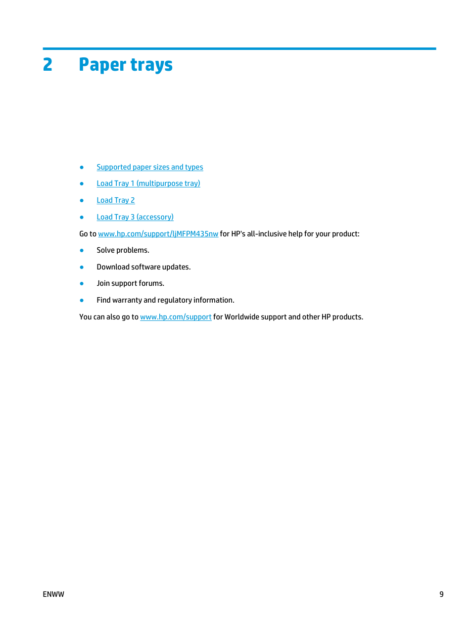 Paper trays, 2 paper trays, 2paper trays | HP LaserJet Pro M435 Multifunction Printer series User Manual | Page 17 / 120