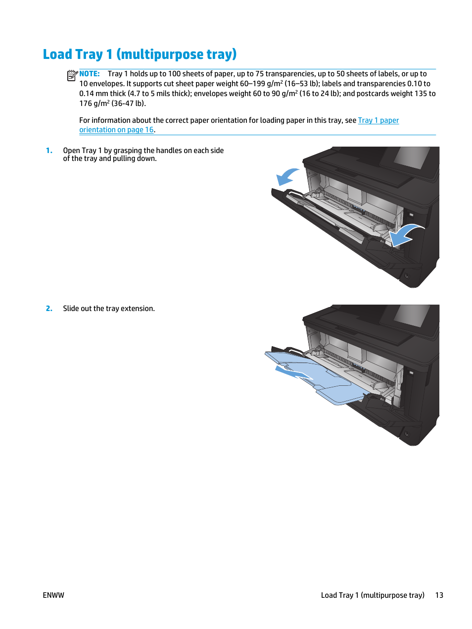 Load tray 1 (multipurpose tray) | HP LaserJet Pro M435 Multifunction Printer series User Manual | Page 21 / 120