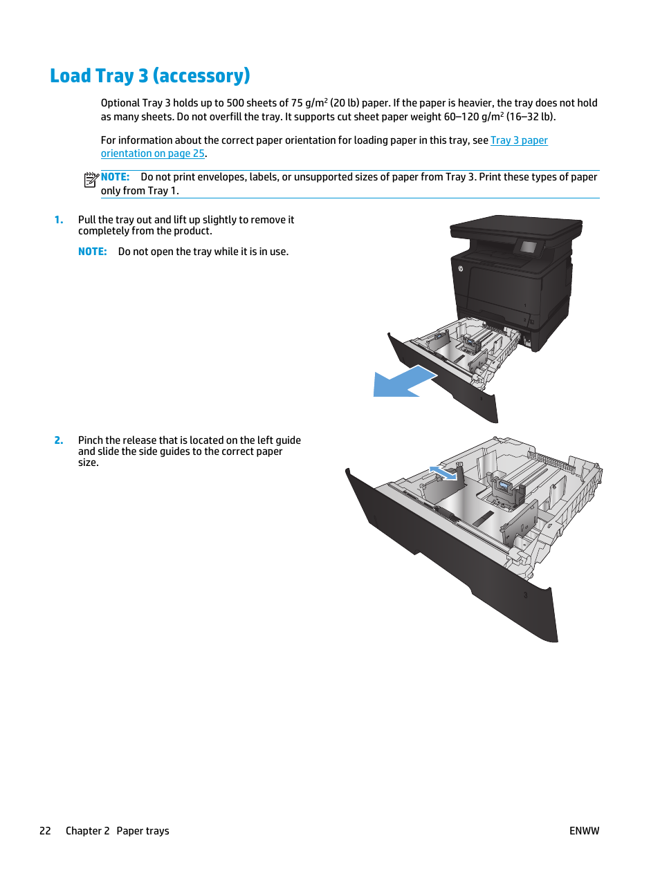 Load tray 3 (accessory) | HP LaserJet Pro M435 Multifunction Printer series User Manual | Page 30 / 120