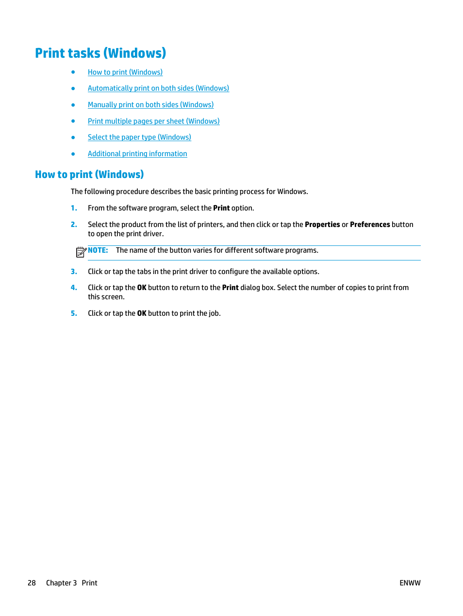 Print tasks (windows), How to print (windows) | HP LaserJet Pro M435 Multifunction Printer series User Manual | Page 36 / 120