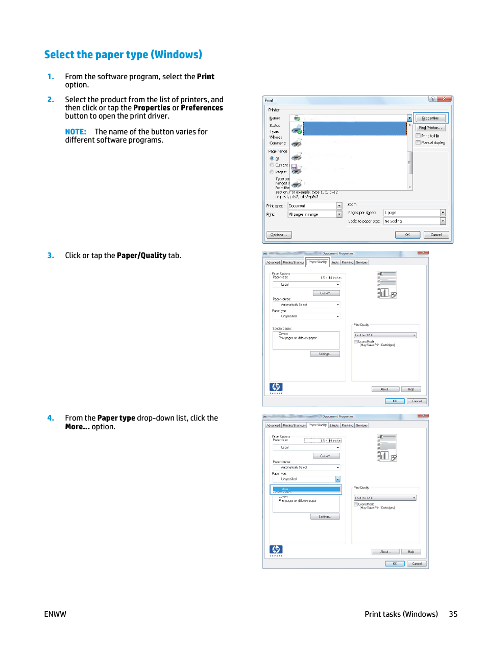 Select the paper type (windows) | HP LaserJet Pro M435 Multifunction Printer series User Manual | Page 43 / 120