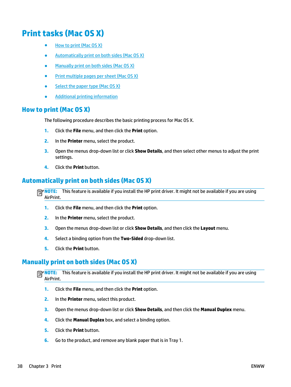 Print tasks (mac os x), How to print (mac os x), Automatically print on both sides (mac os x) | Manually print on both sides (mac os x) | HP LaserJet Pro M435 Multifunction Printer series User Manual | Page 46 / 120