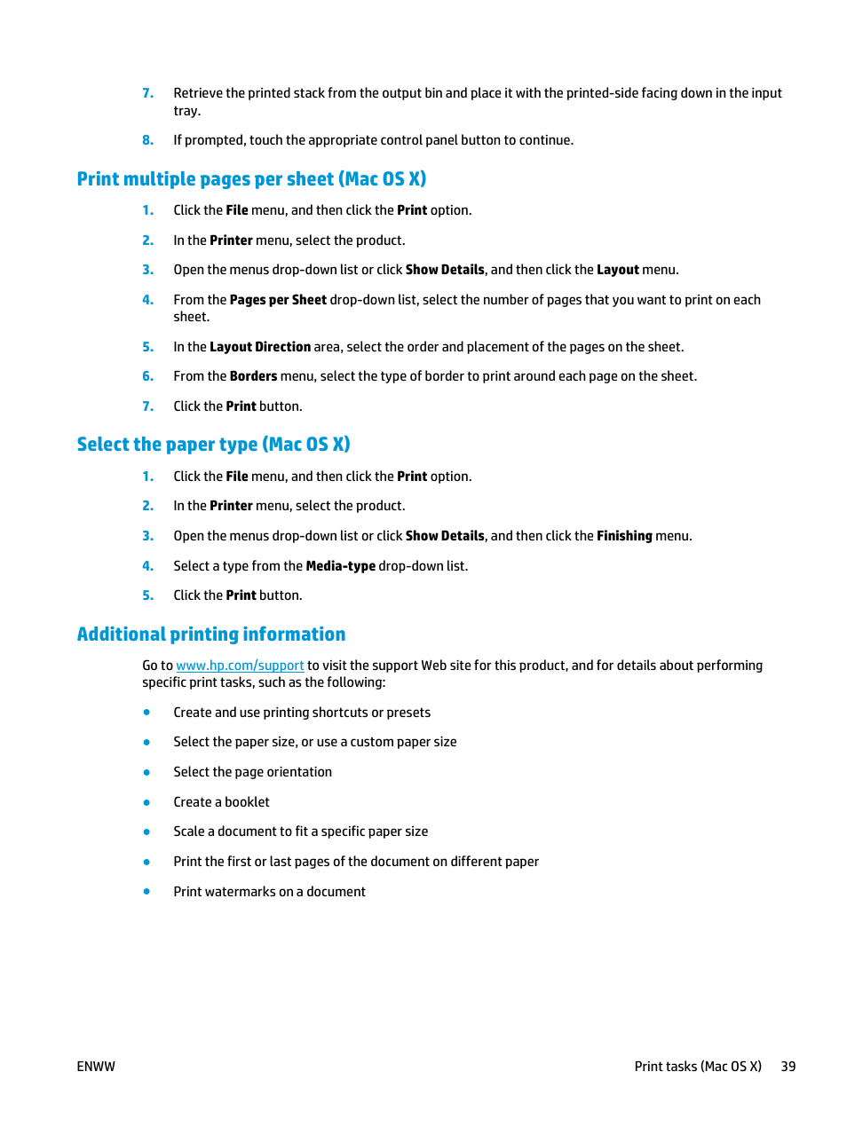 Select the paper type (mac os x), Additional printing information, Print multiple pages per sheet (mac os x) | HP LaserJet Pro M435 Multifunction Printer series User Manual | Page 47 / 120