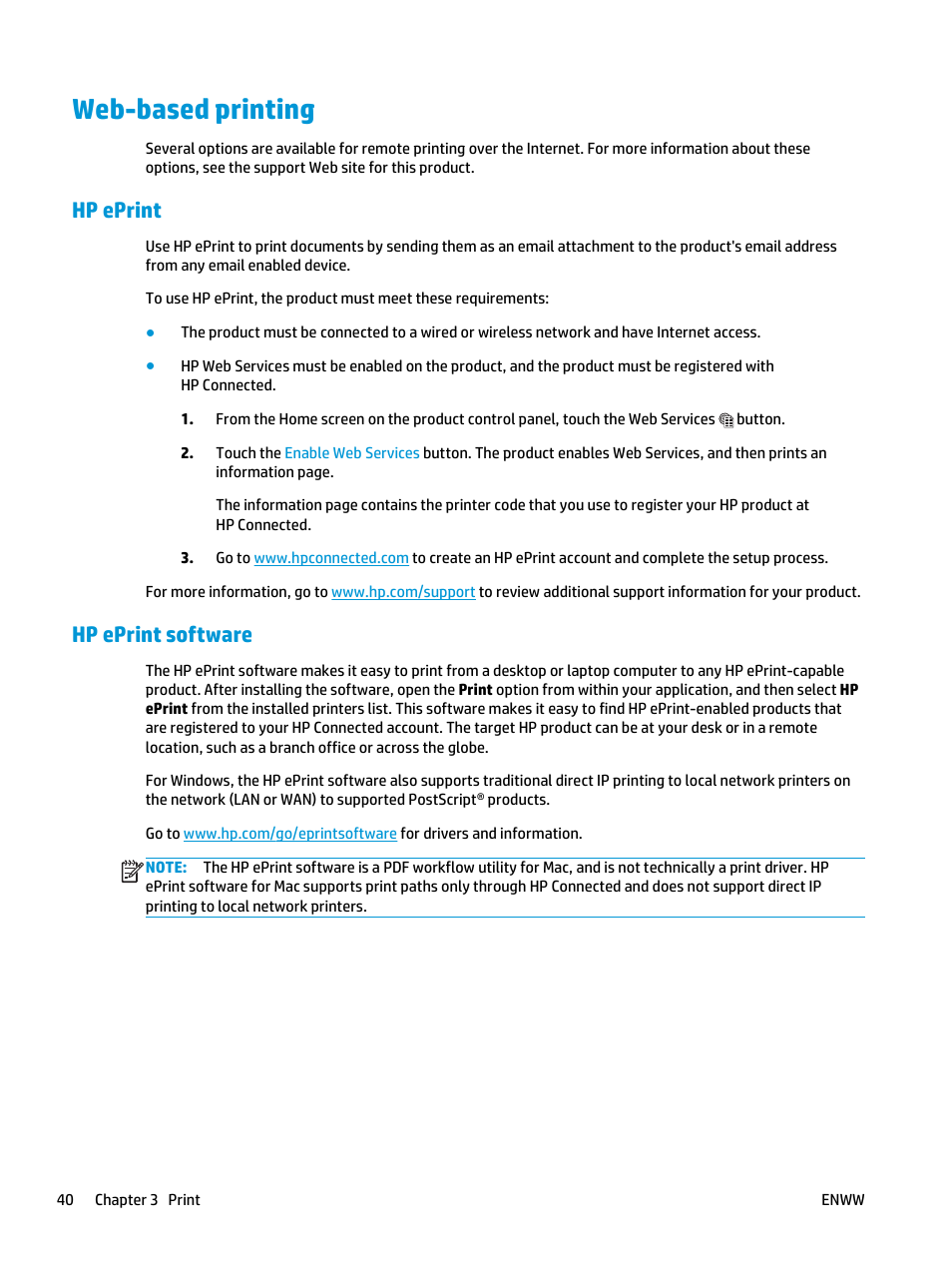 Web-based printing, Hp eprint, Hp eprint software | Hp eprint hp eprint software | HP LaserJet Pro M435 Multifunction Printer series User Manual | Page 48 / 120