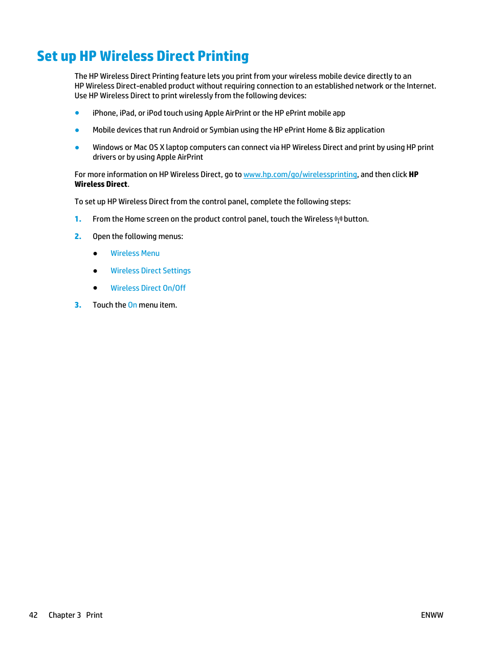 Set up hp wireless direct printing | HP LaserJet Pro M435 Multifunction Printer series User Manual | Page 50 / 120