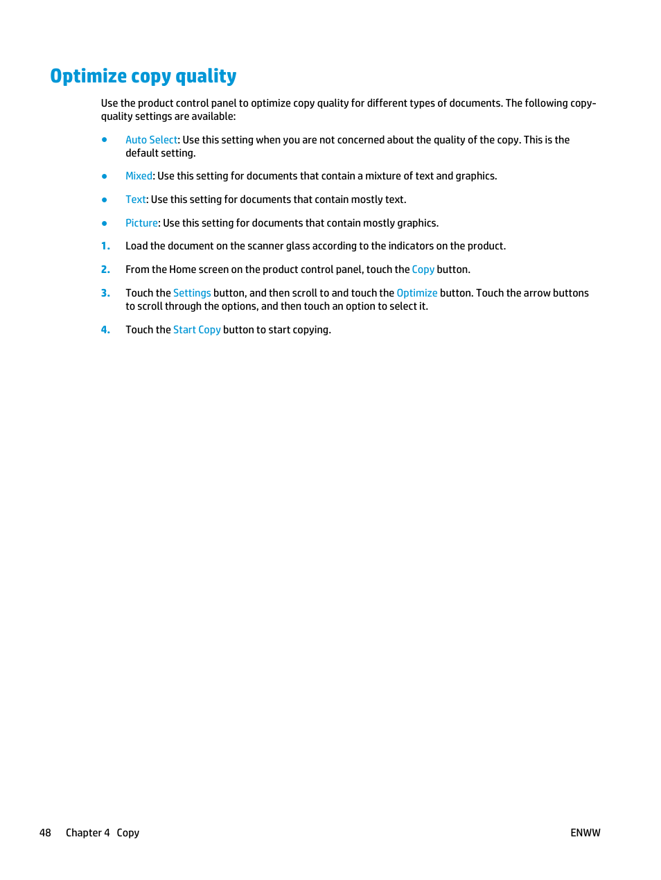 Optimize copy quality | HP LaserJet Pro M435 Multifunction Printer series User Manual | Page 56 / 120