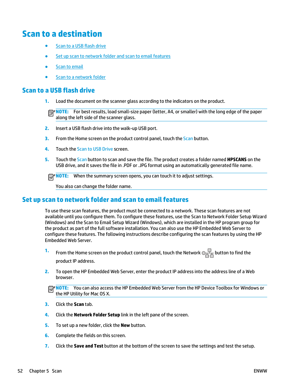 Scan to a destination, Scan to a usb flash drive | HP LaserJet Pro M435 Multifunction Printer series User Manual | Page 60 / 120