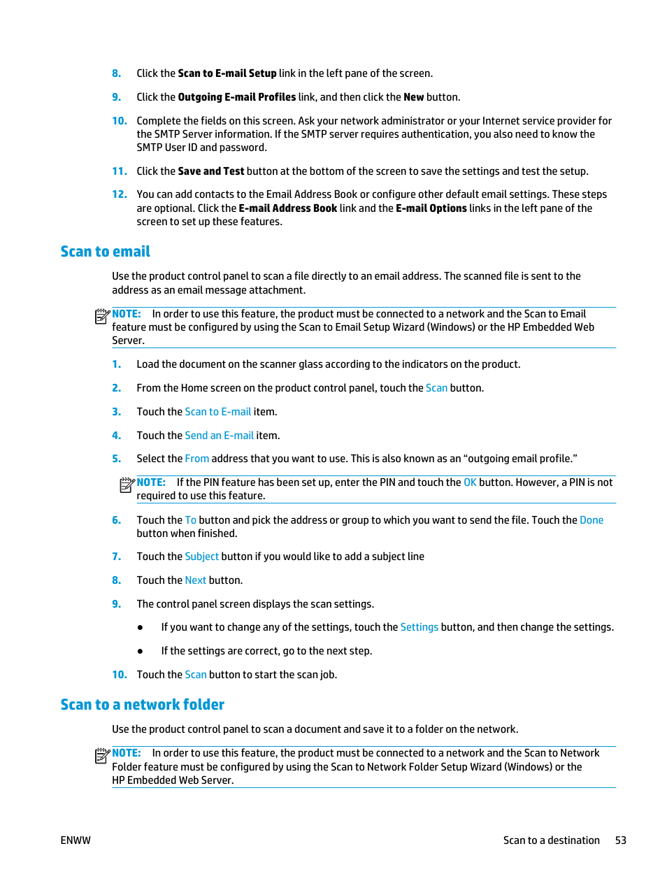 Scan to email, Scan to a network folder, Scan to email scan to a network folder | HP LaserJet Pro M435 Multifunction Printer series User Manual | Page 61 / 120