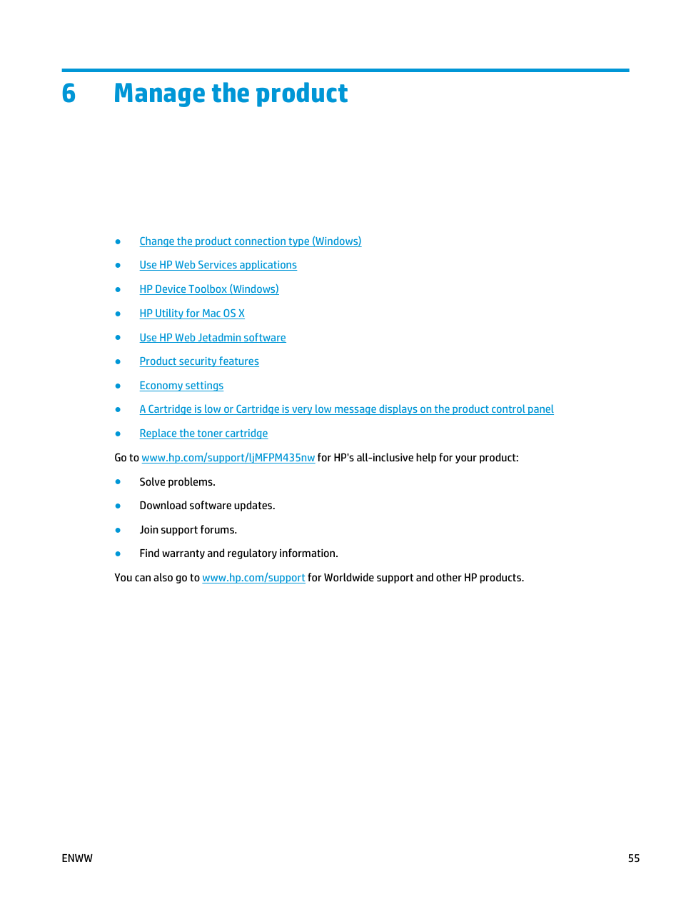 Manage the product, 6 manage the product, 6manage the product | HP LaserJet Pro M435 Multifunction Printer series User Manual | Page 63 / 120