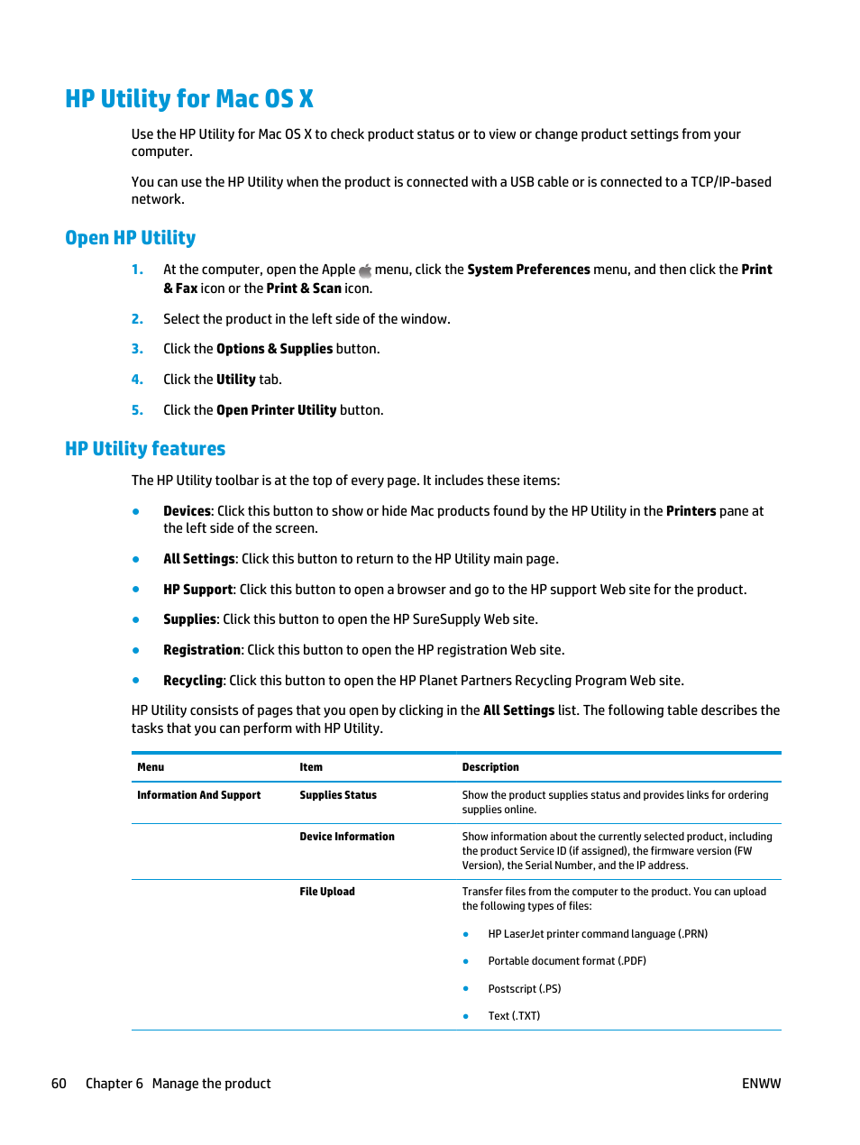Hp utility for mac os x, Open hp utility, Hp utility features | Open hp utility hp utility features | HP LaserJet Pro M435 Multifunction Printer series User Manual | Page 68 / 120