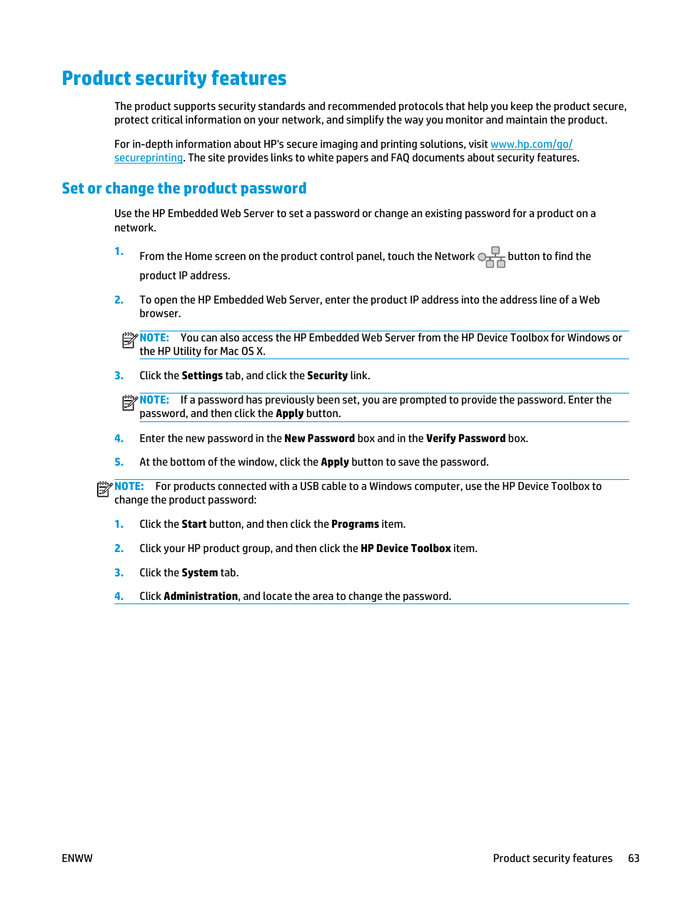 Product security features, Set or change the product password | HP LaserJet Pro M435 Multifunction Printer series User Manual | Page 71 / 120