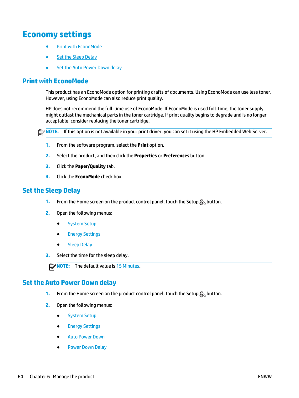 Economy settings, Print with economode, Set the sleep delay | Set the auto power down delay | HP LaserJet Pro M435 Multifunction Printer series User Manual | Page 72 / 120